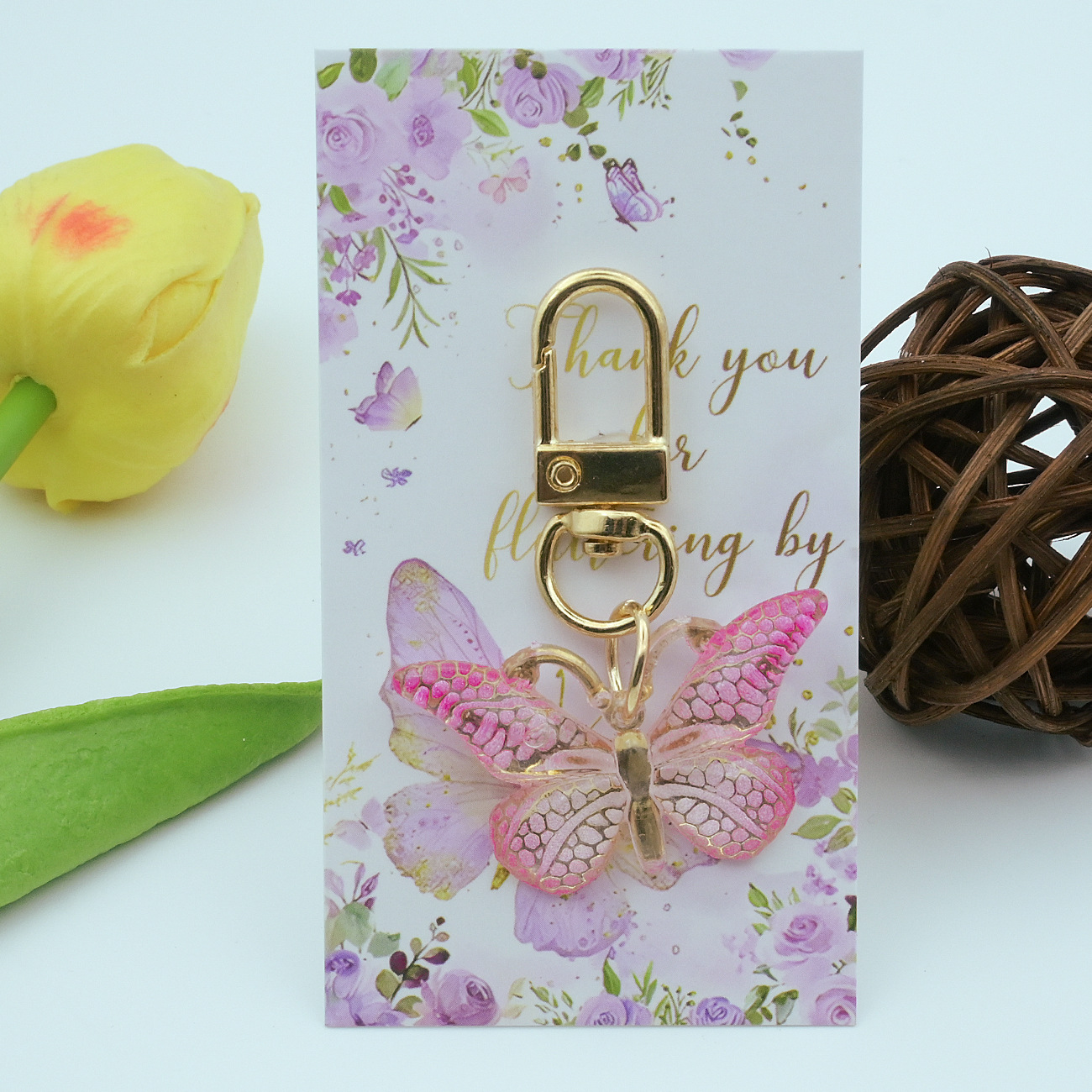 2:Pink butterfly keychain + cardboard