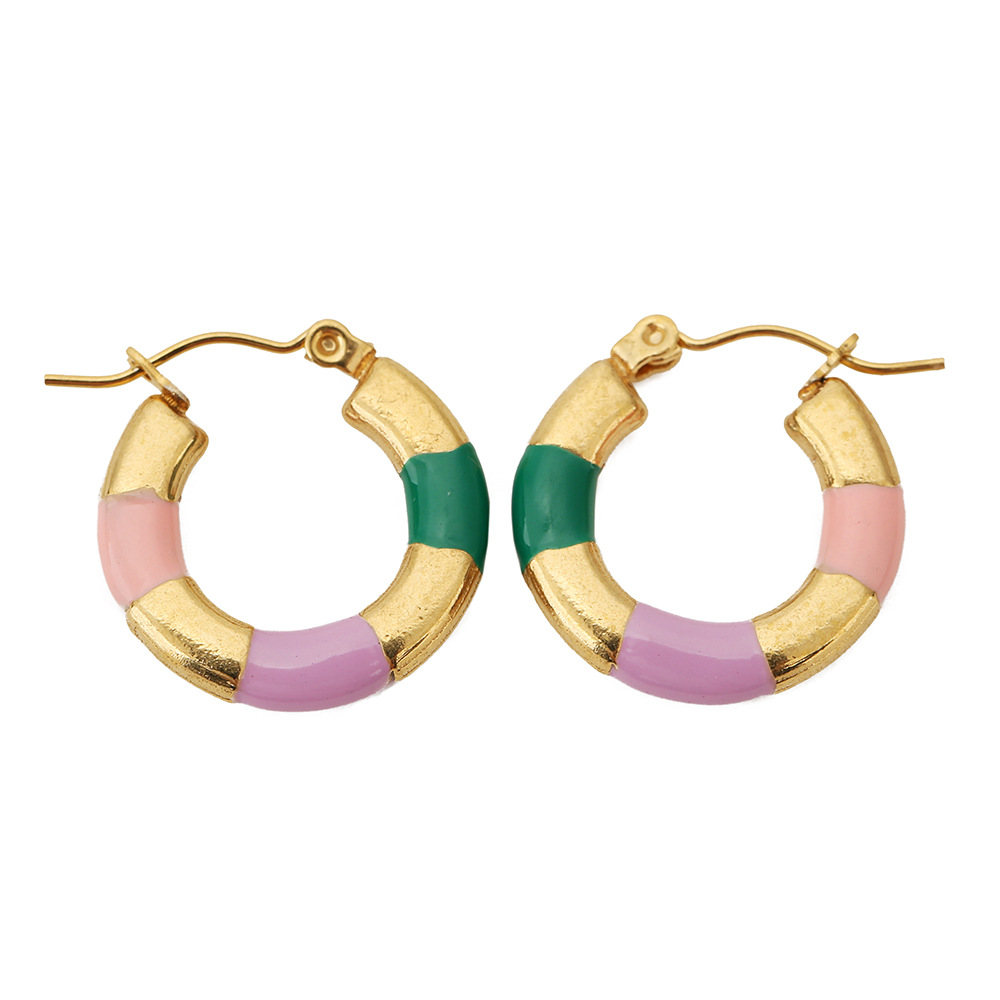Three-color drop earrings dark green light pink li