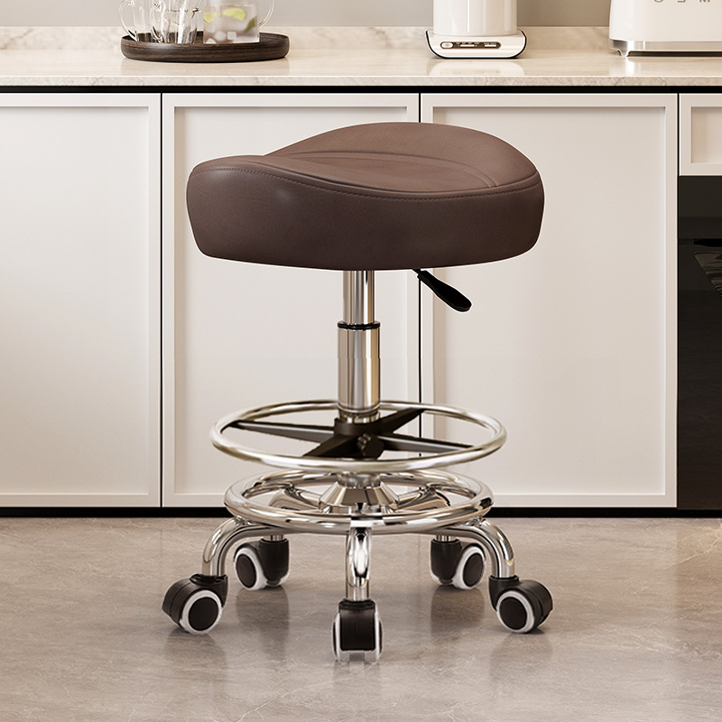 With pedals and no backrest: dark coffee [with] noise-reducing rubber-coated wheels