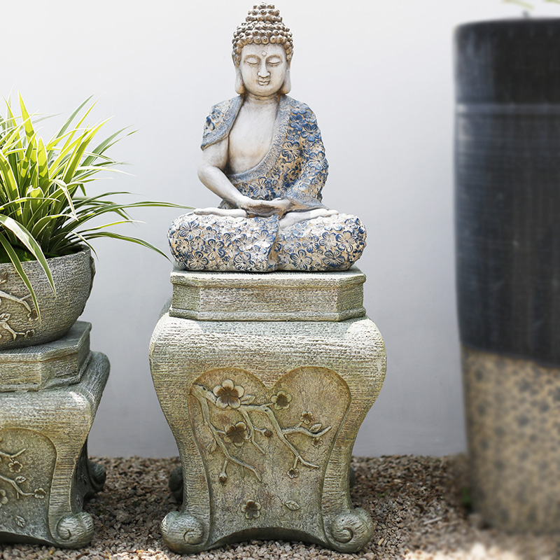 Sitting Buddha grey color stone pedestal