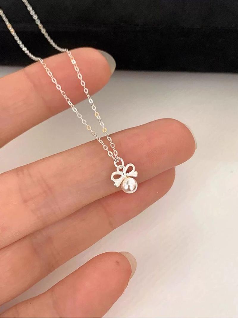 1:Pearl bow necklace silver plated