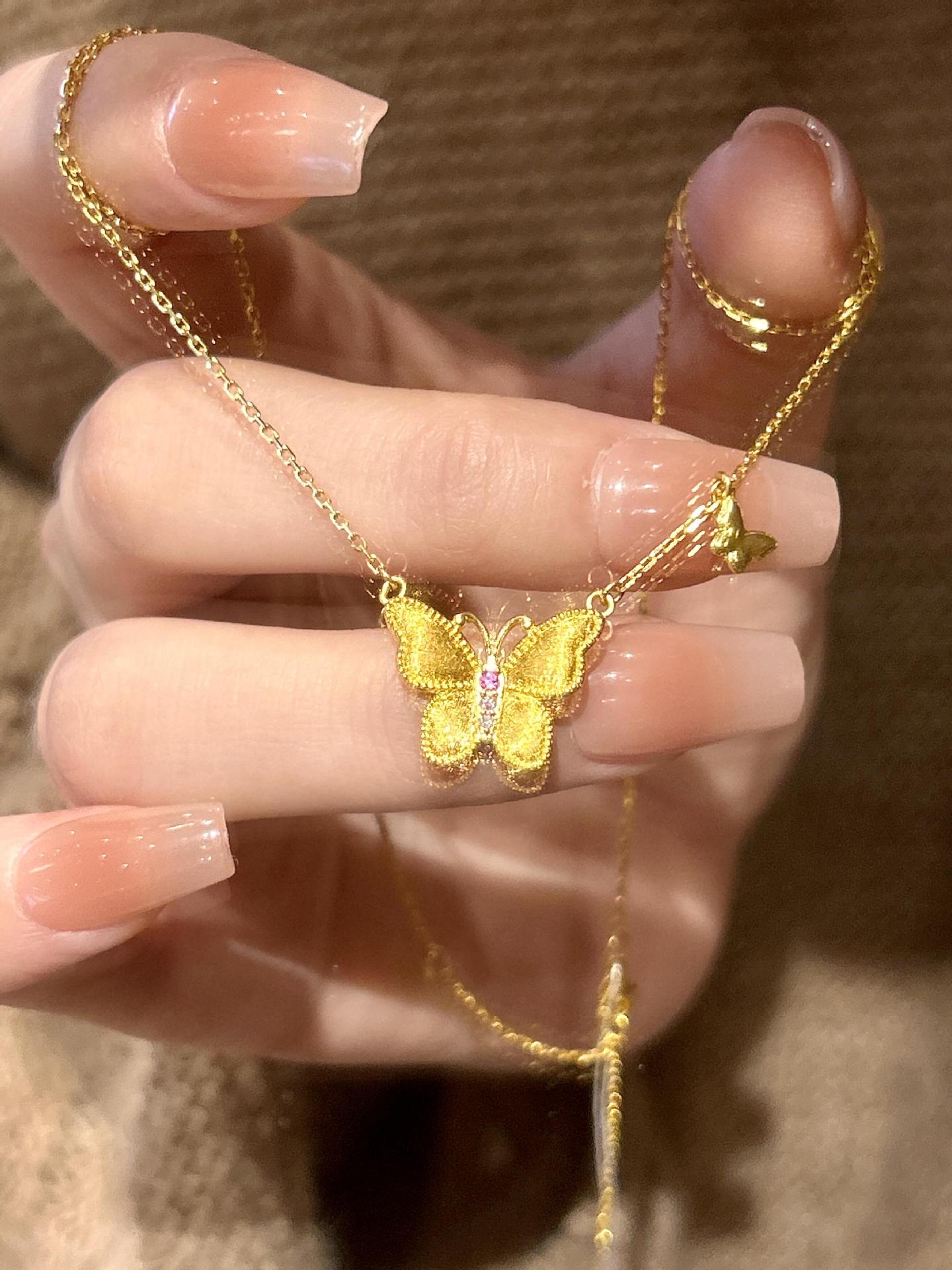 1:Brushed pink diamond butterfly necklace