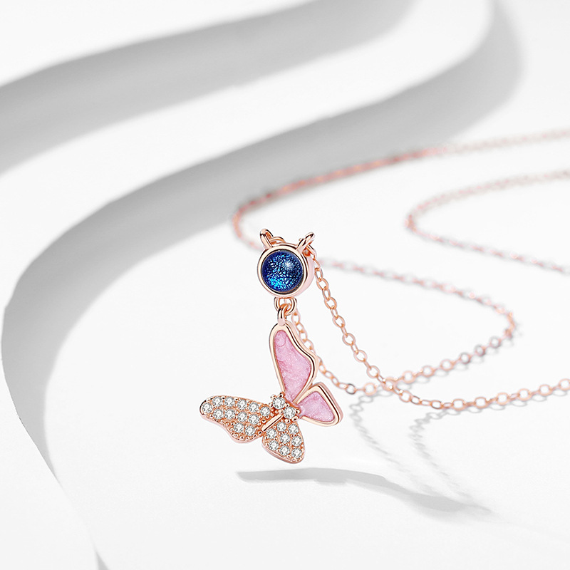 10:D0859 Flower Butterfly Embrace Necklace (Rose Gold)