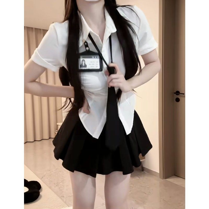 Three-piece white shirt   black tie   black skirt