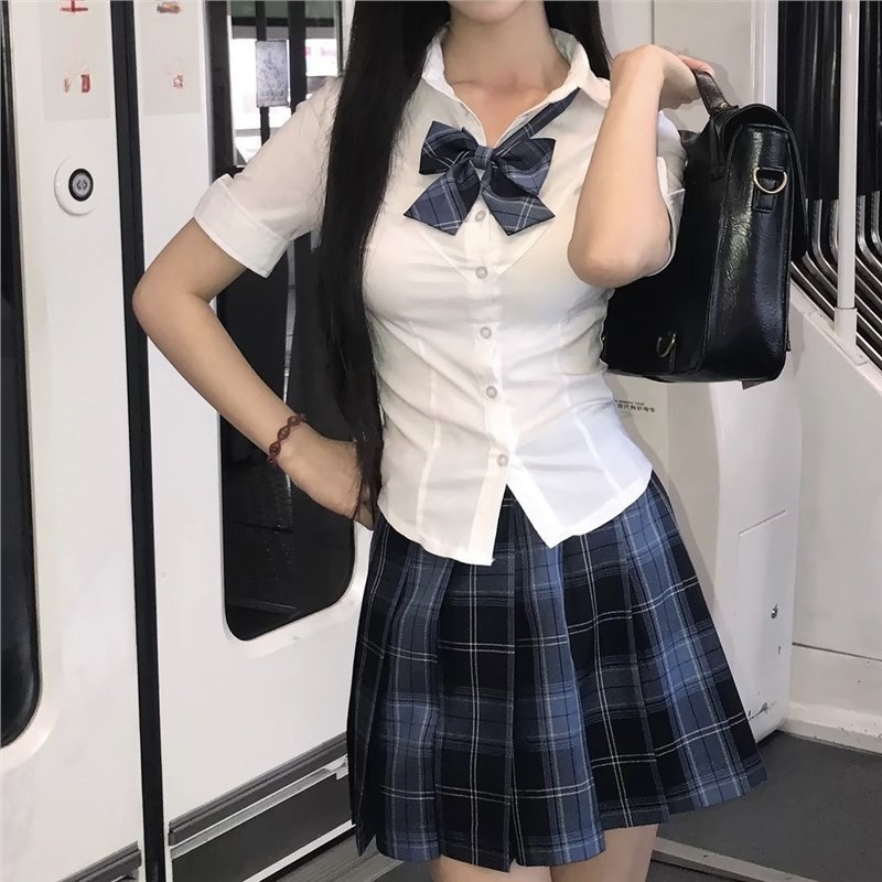 white shirt  skirt  bow tie suit