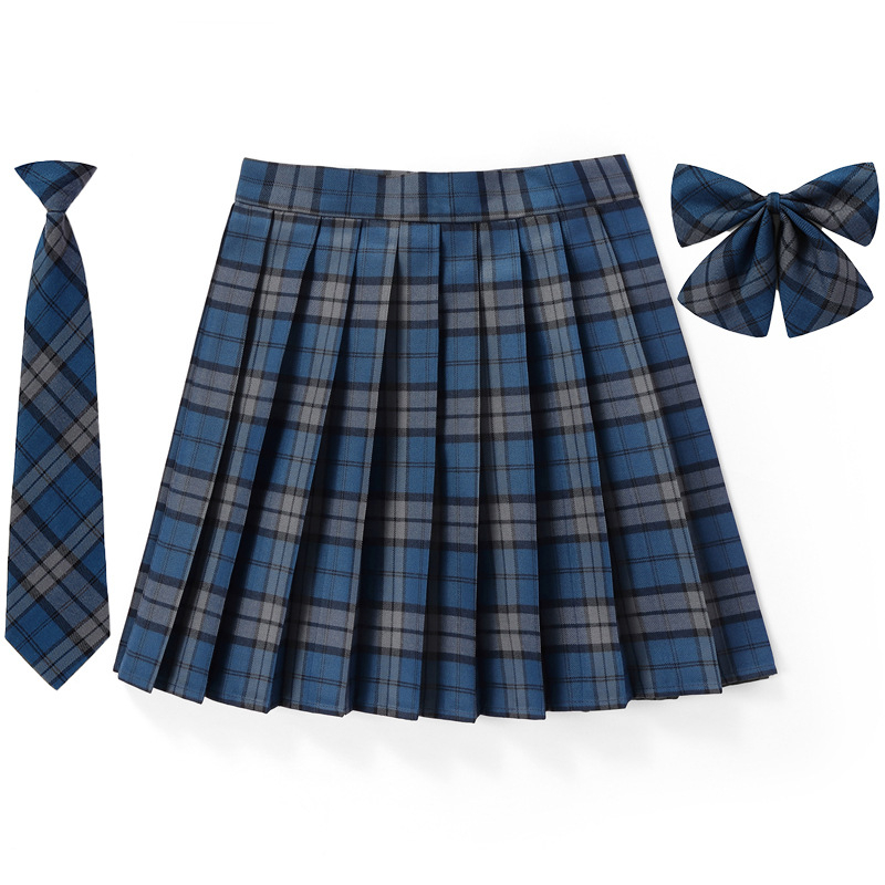 43cm blue grey plaid skirt   bow tie   tie