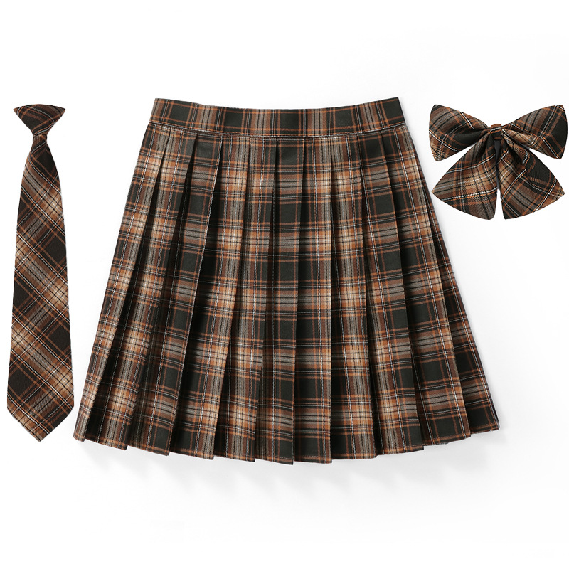 E 43cm brown plaid skirt   bow tie   tie
