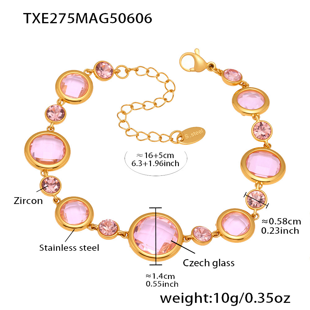 5:Txe275-gold pink glass stone bracelet 16+5cm
