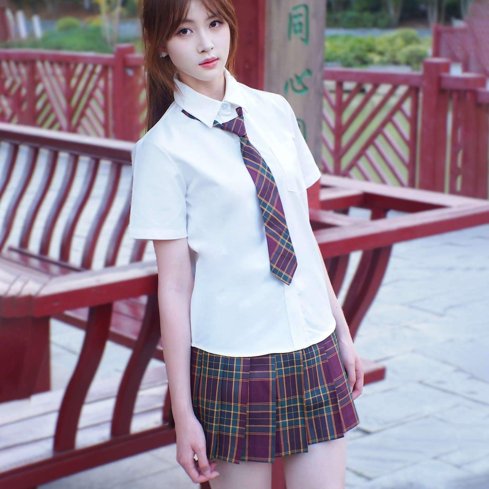 Tr shirt   hawthorn plaid skirt   tie