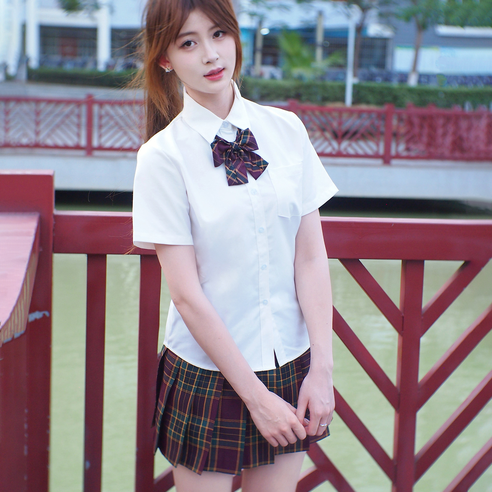 Tr shirt   hawthorn plaid skirt   bow tie