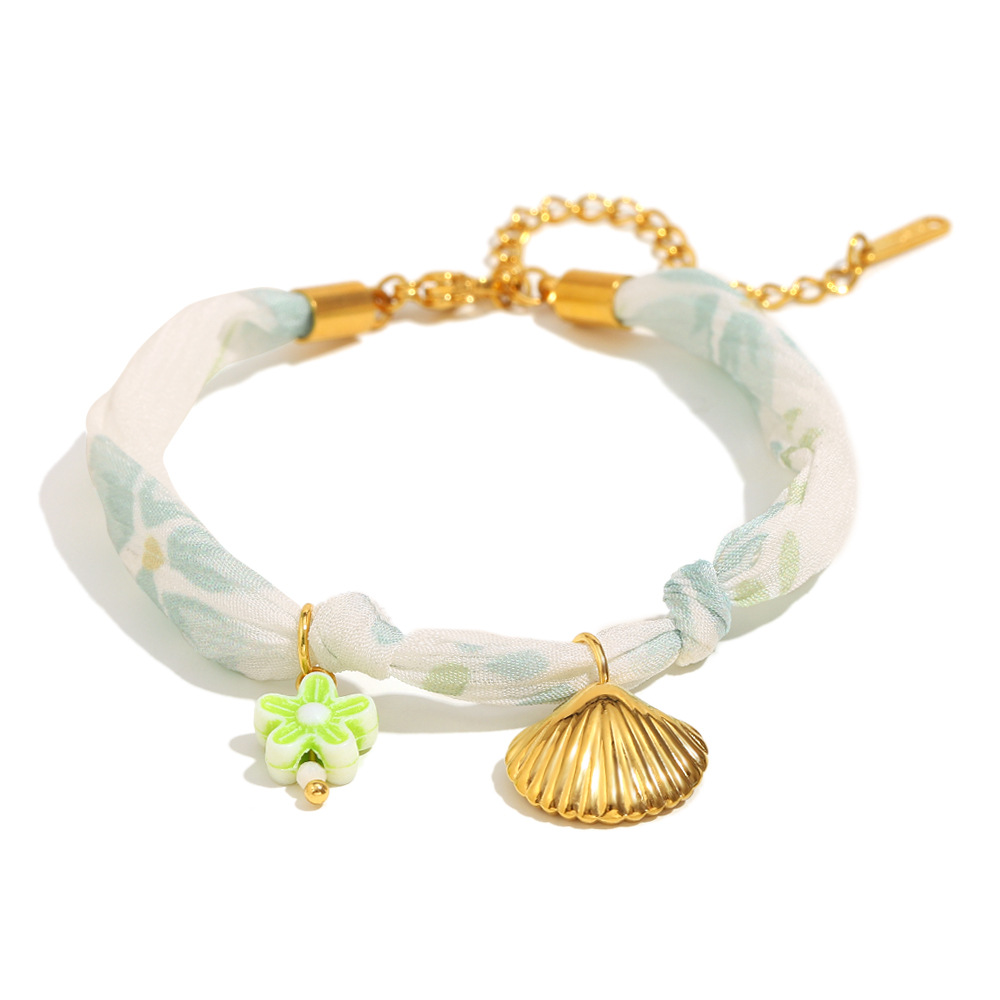 1:Ribbon shell bracelet-gold green