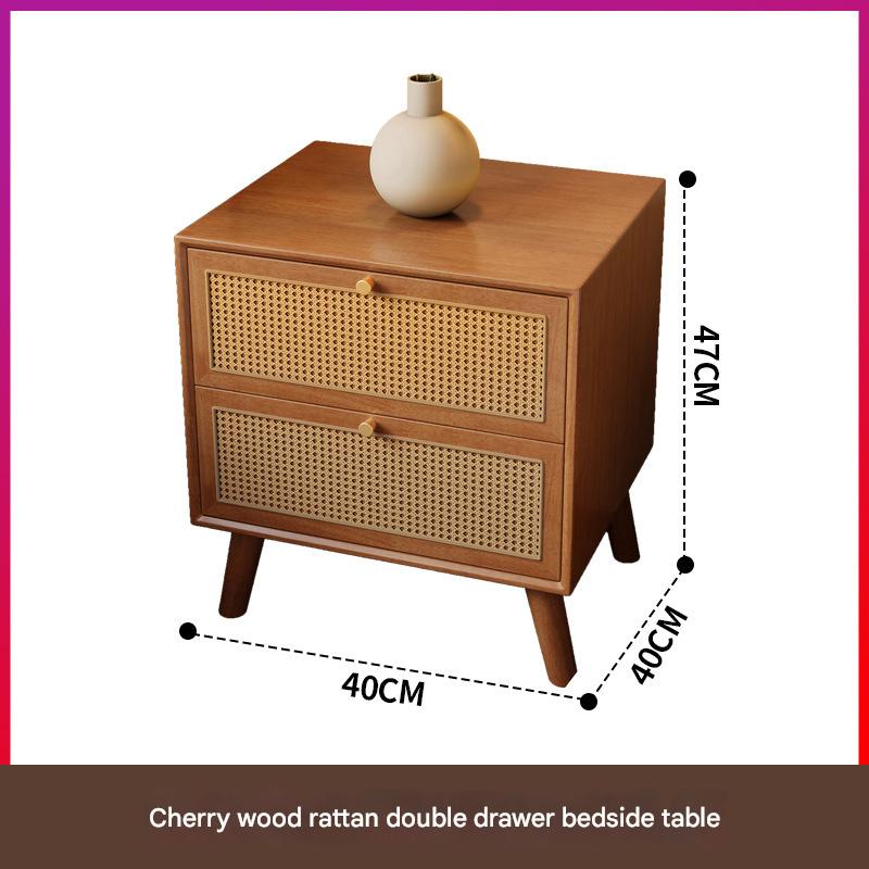 Cherry wood color rattan double-drawn bedside table