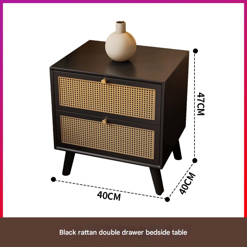 Black rattan double-drawer bedside table