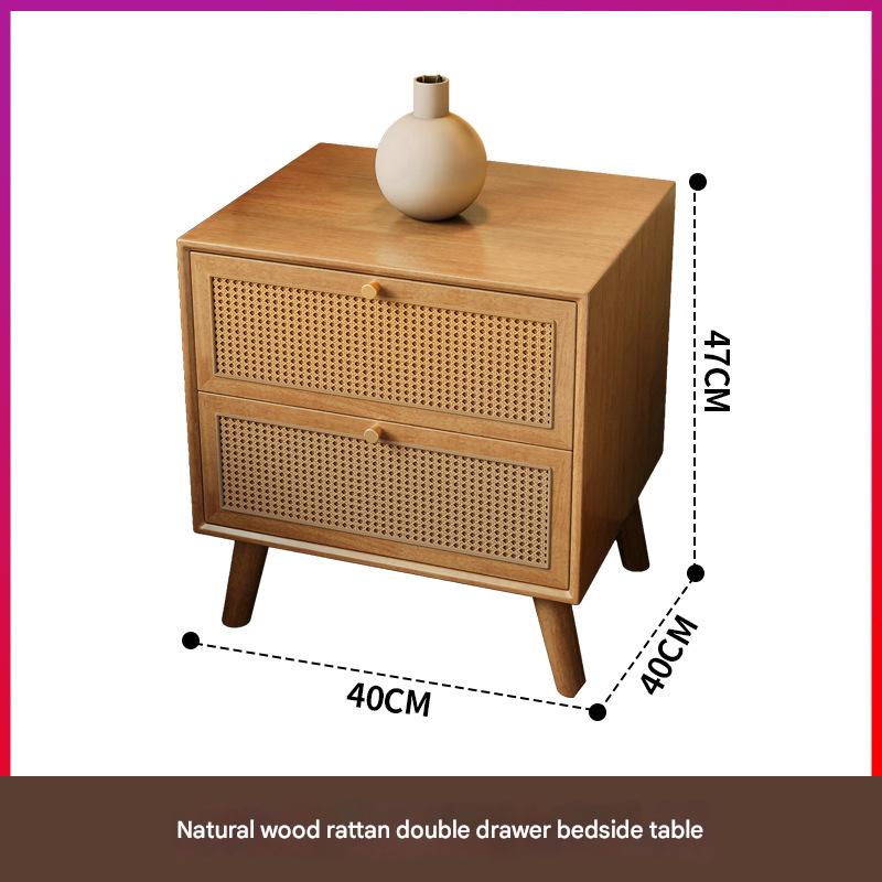 Wood color rattan double-drawn bedside table