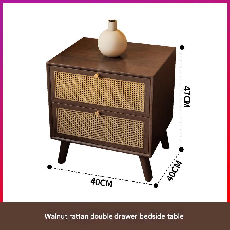 Walnut rattan double-drawn bedside table