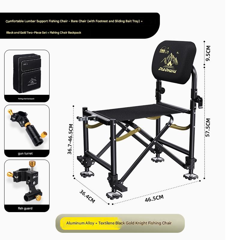 Package of five bare chairs (comes with foot pedal and slide bait tray)   black and gold two-piece set   fishing chair backpack