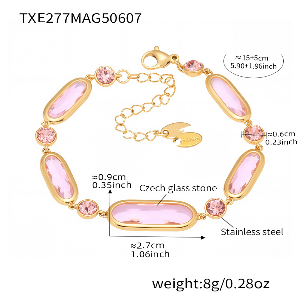5:Txe277-gold pink glass stone bracelet 15+5cm