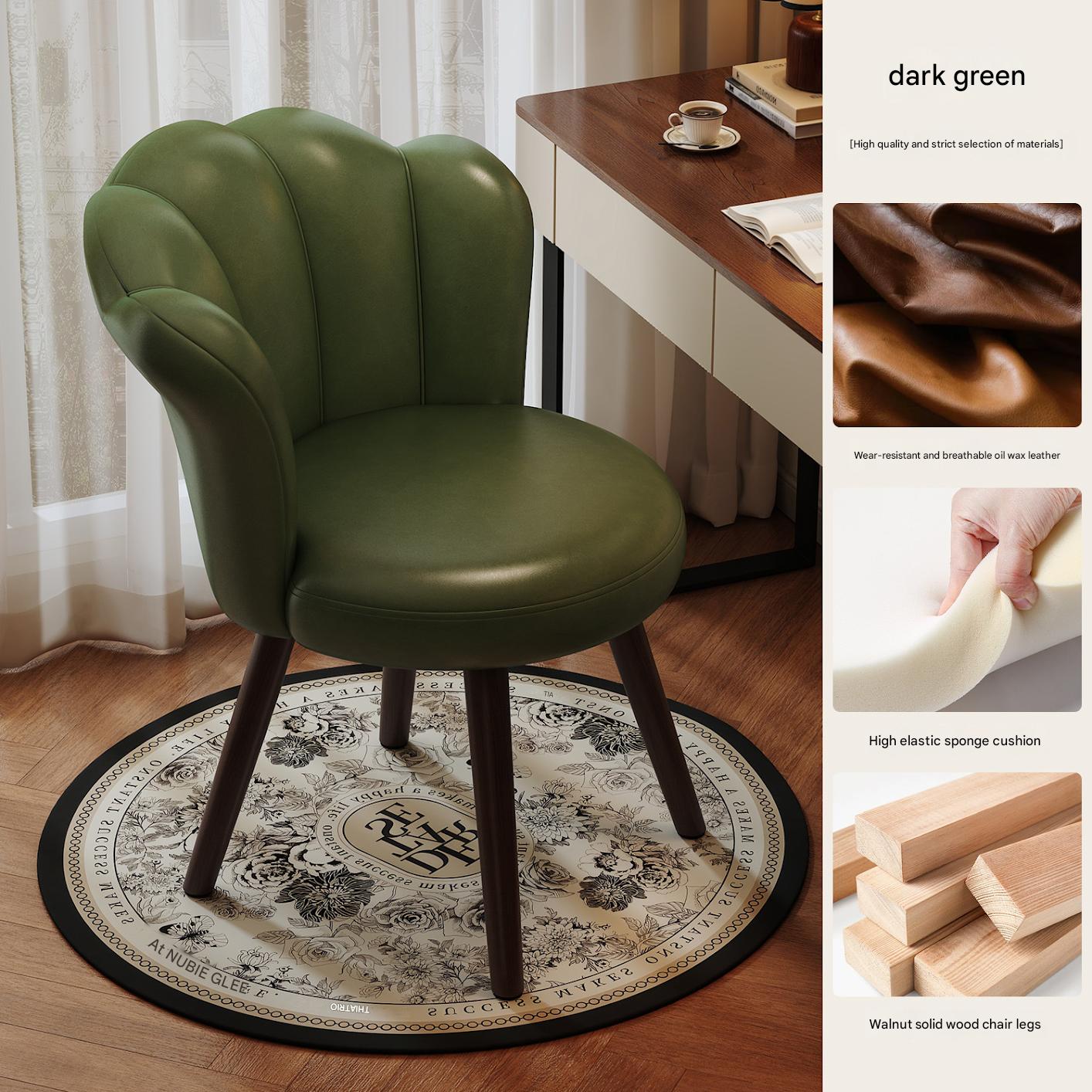 Walnut color wooden legs   dark green wax leather