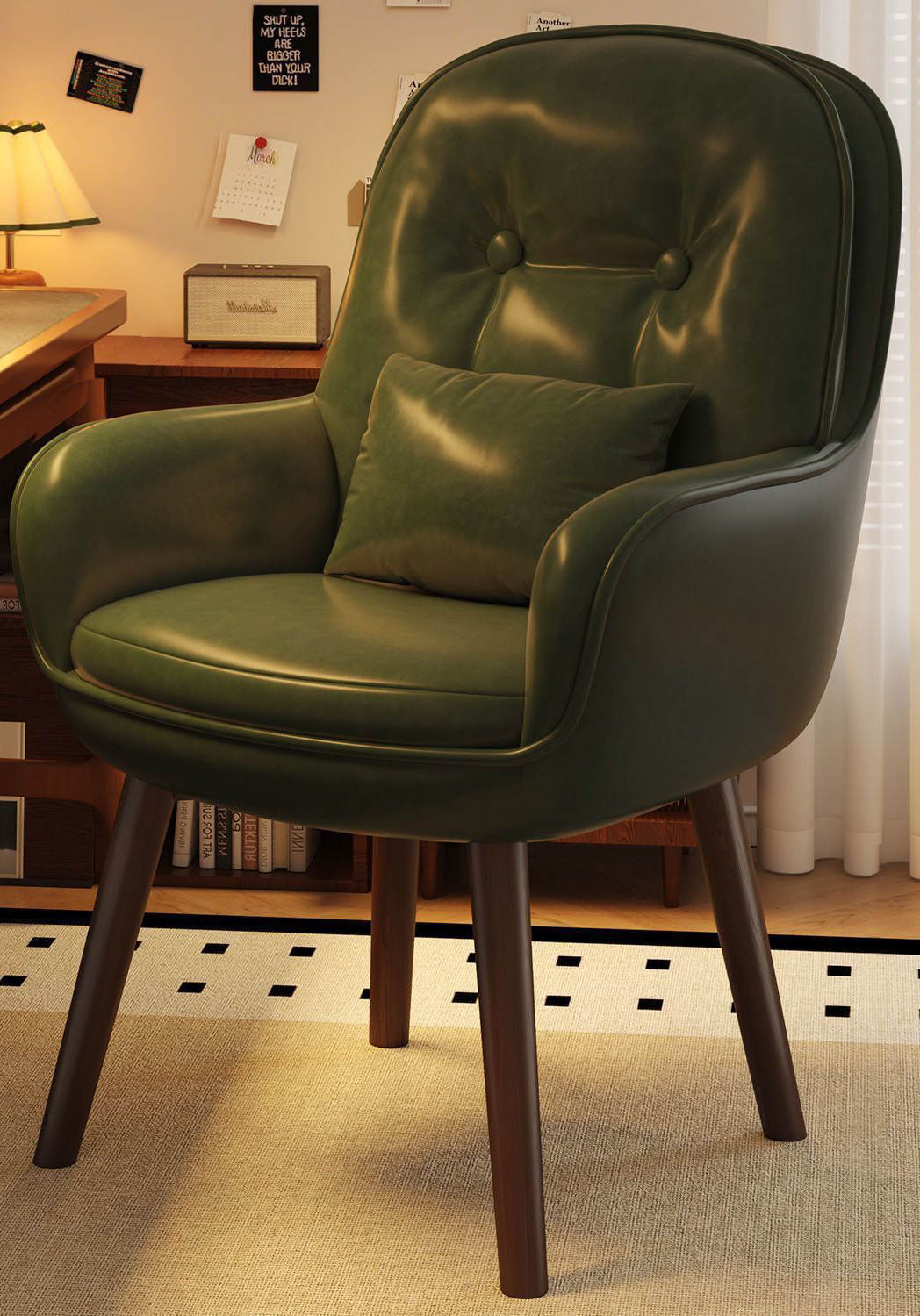 Walnut legs/dark green oil wax leather with pillow
