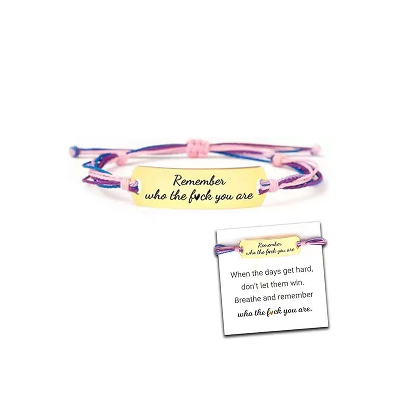 3:Pink blue purple rope bracelet gold curved card lettering