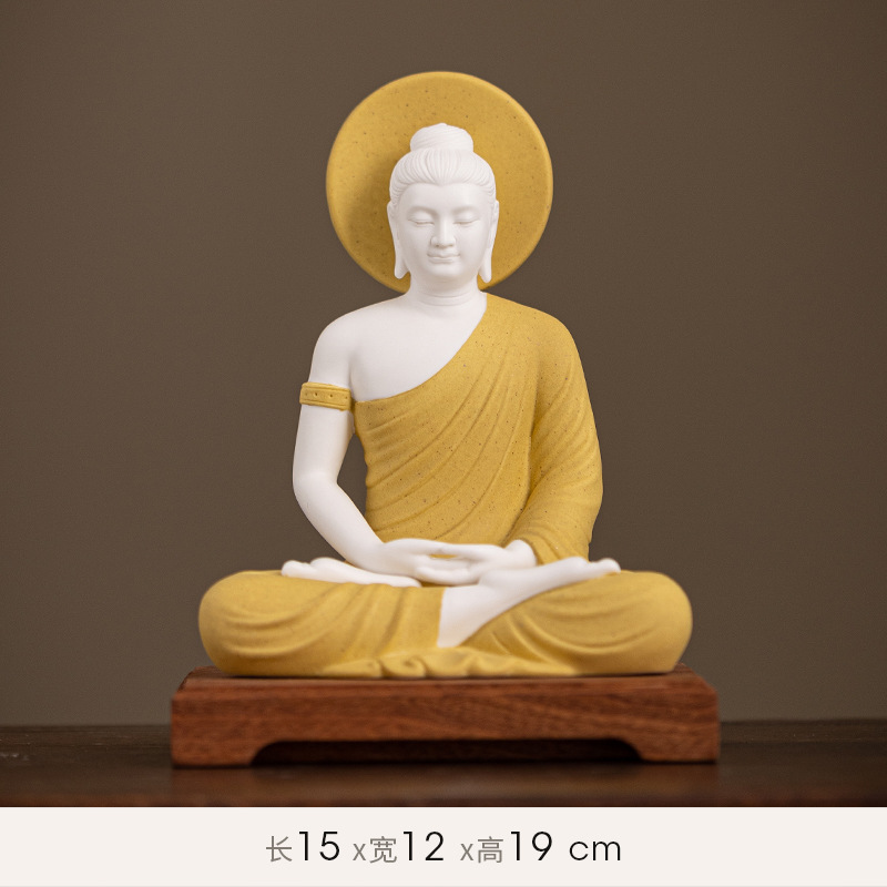 10:Sakyamuni [fudaguang] white porcelain yellow + wooden base 15/12