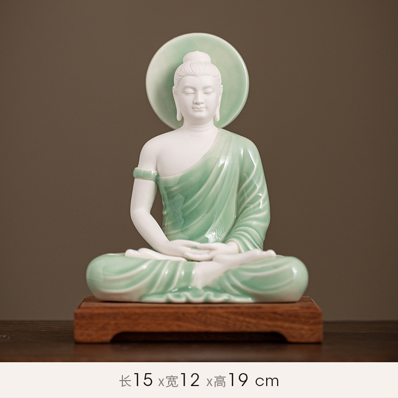 11:Sakyamuni [budaguang] white porcelain green + wooden base 15/12