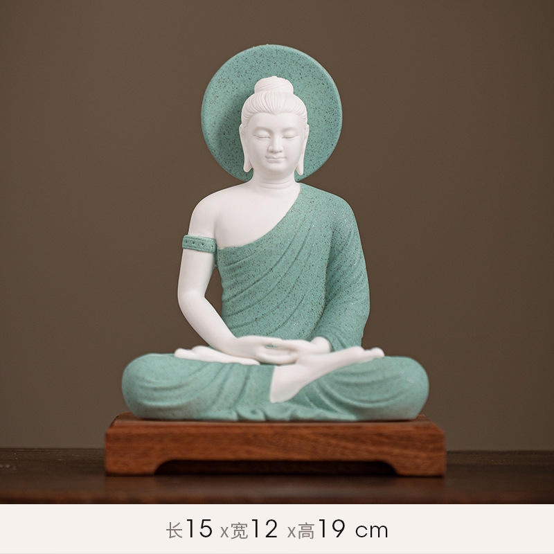 13:Sakyamuni [budaguang] white porcelain green + wooden base 15/12