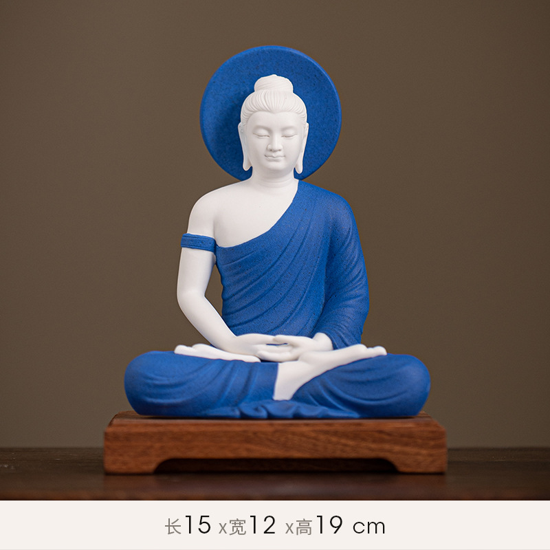 14:Sakyamuni [budaguang] white porcelain blue + wooden base 15/12