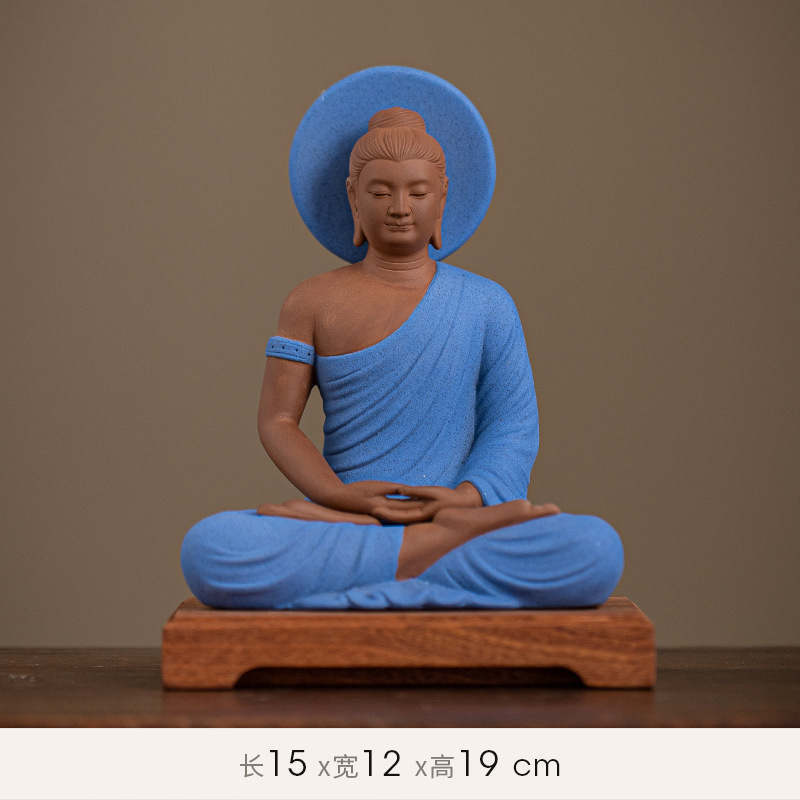 18:Sakyamuni [fudaguang] purple clay blue + wooden base 15/12