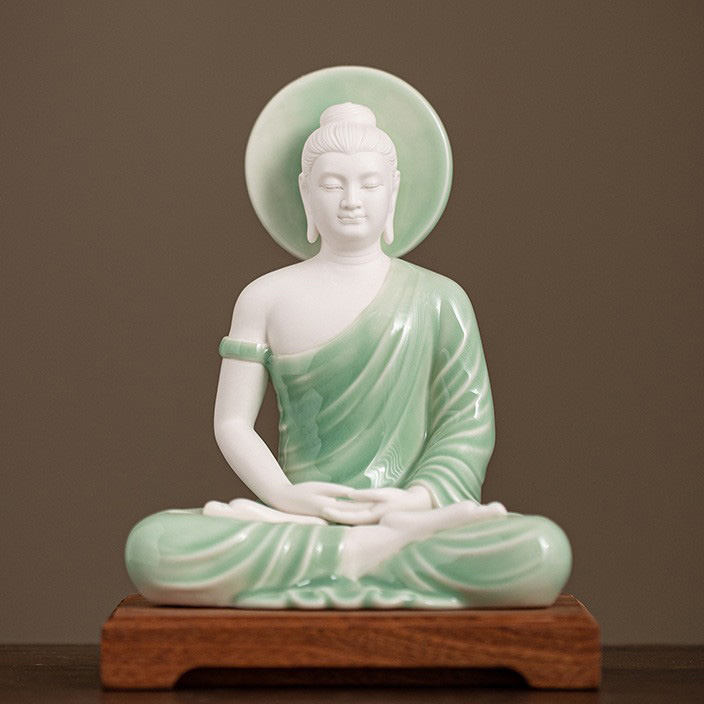 White porcelain cyan    wooden base