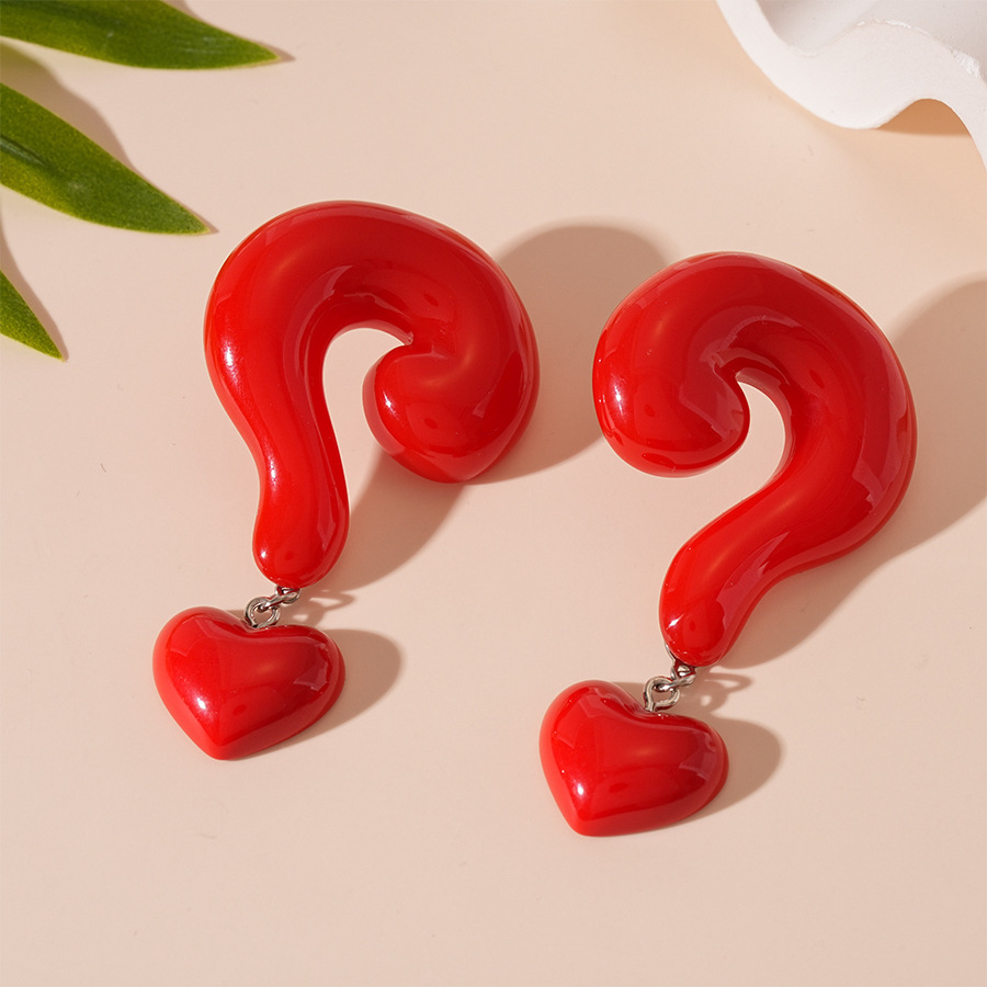 1:Silver needle-red question mark love earrings