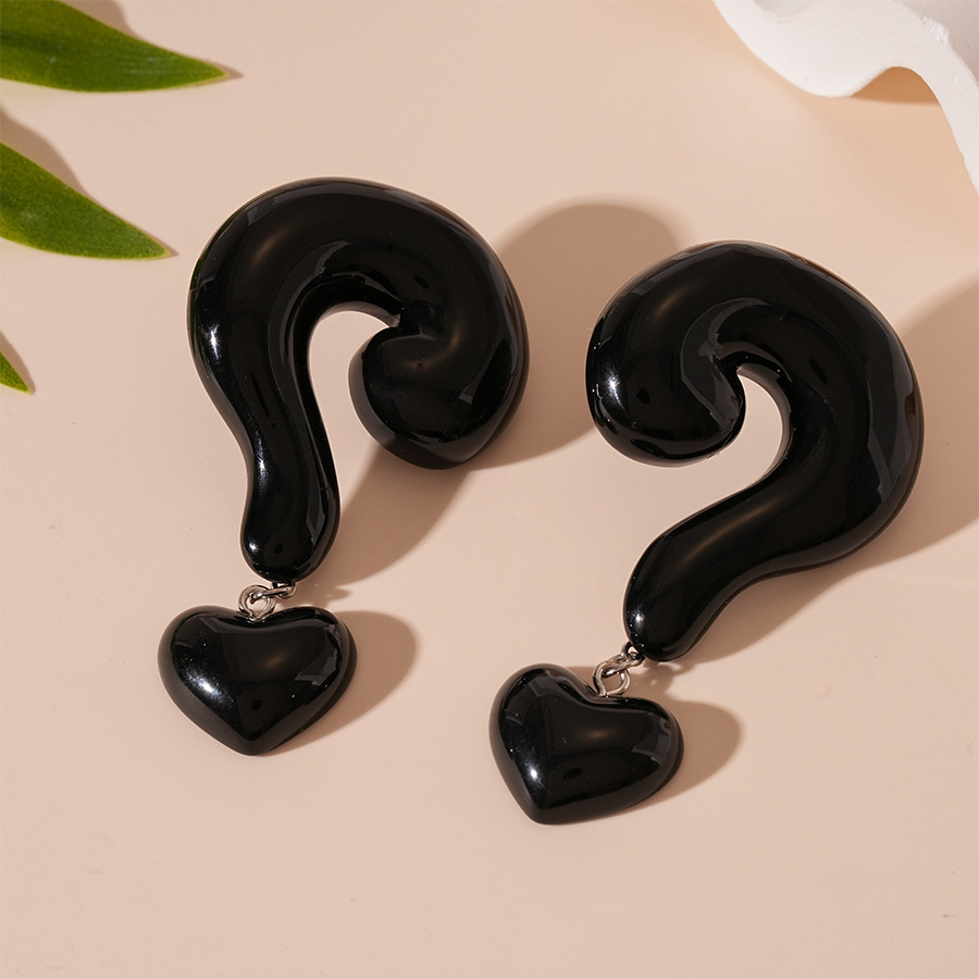 2:Silver needle-black question mark love earrings