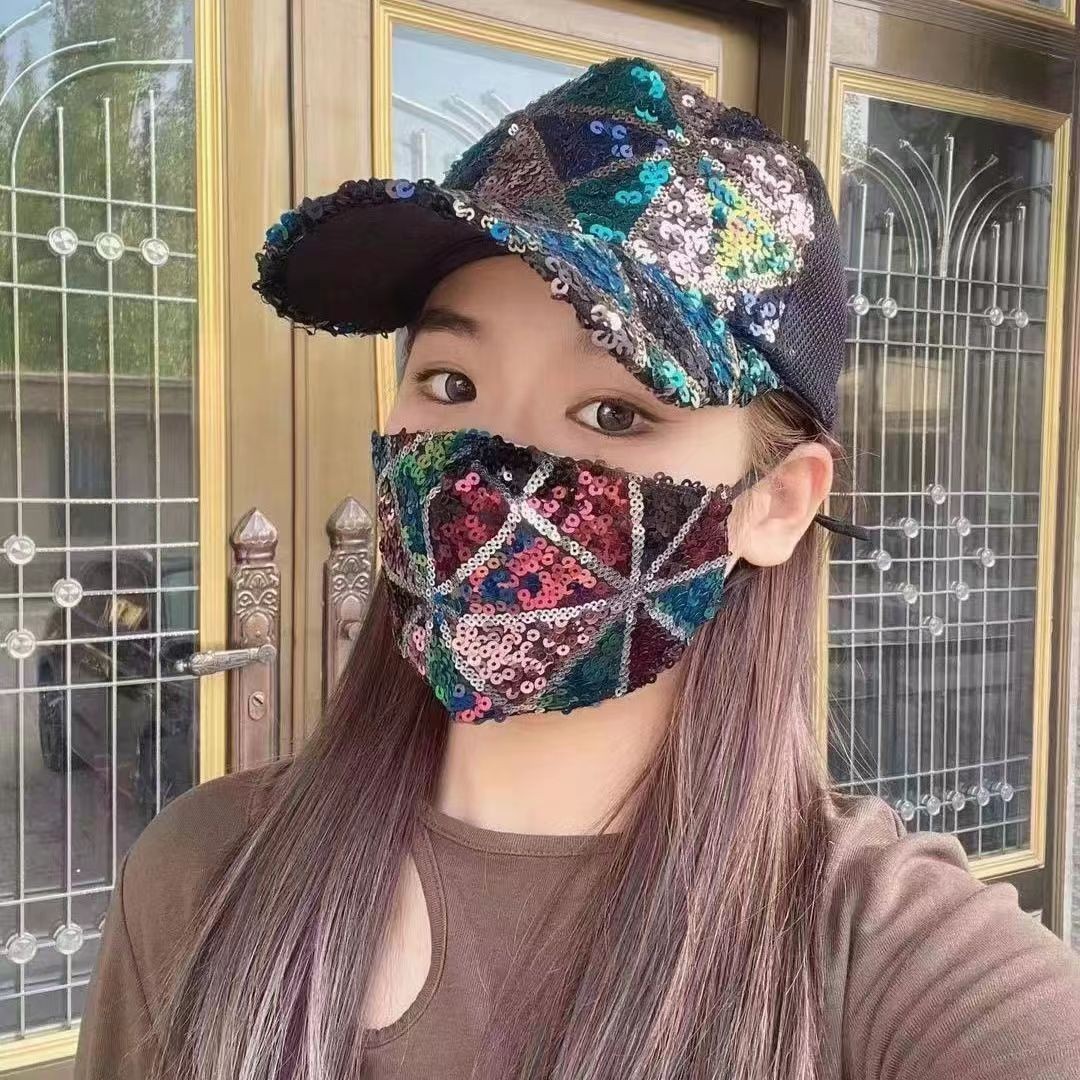 Green Plaid sequin net cap   Black Mask