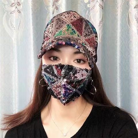 Black Plaid sequins net cap   Black Mask