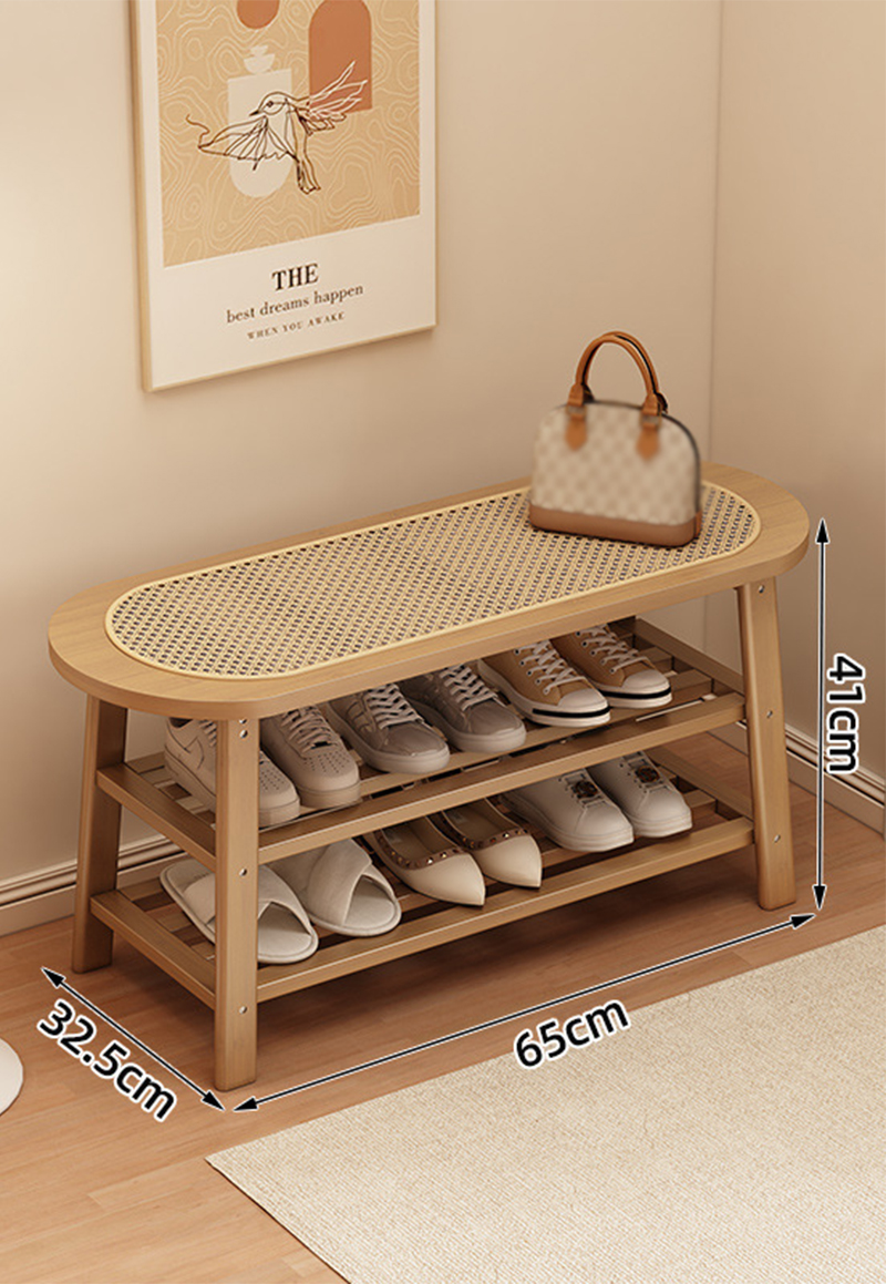Solid wood color (natural rattan) shoe changing stool 65cm long