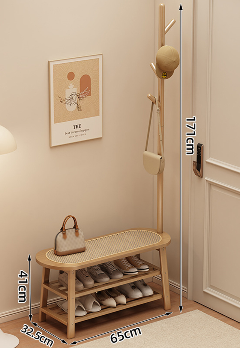 Solid wood color (natural rattan) shoe changing stool 65cm long with clothes hanger