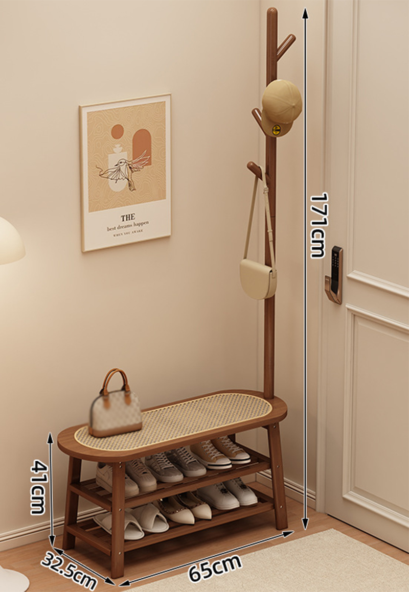 Wood color (natural rattan) shoe changing stool 85cm long with clothes hanger