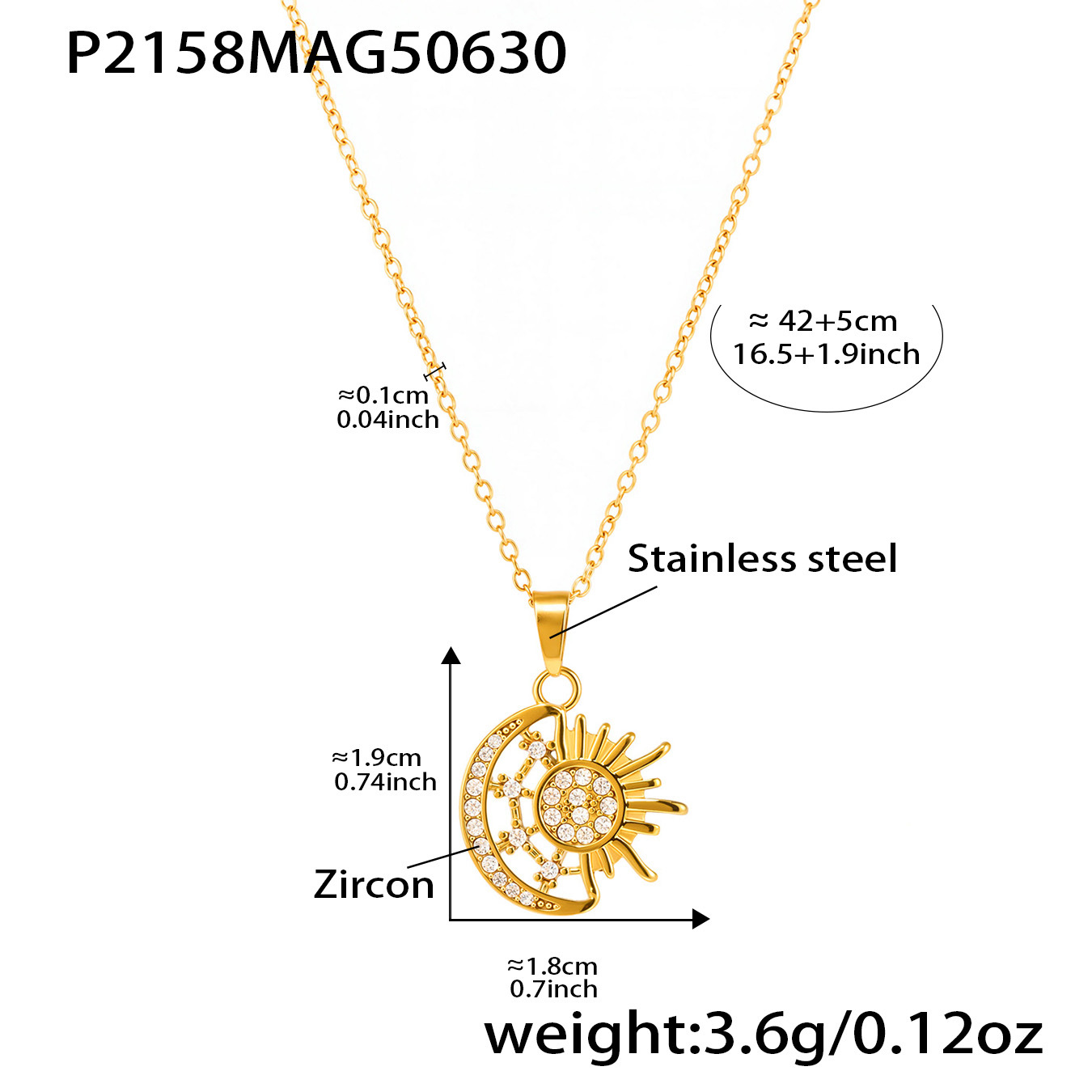 1:P2158-golden sun and moon zircon necklace-40 5cm