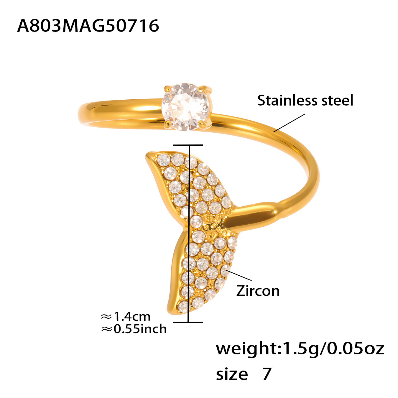 A803-golden 5a zircon fish tail ring-no. 7 No. 7