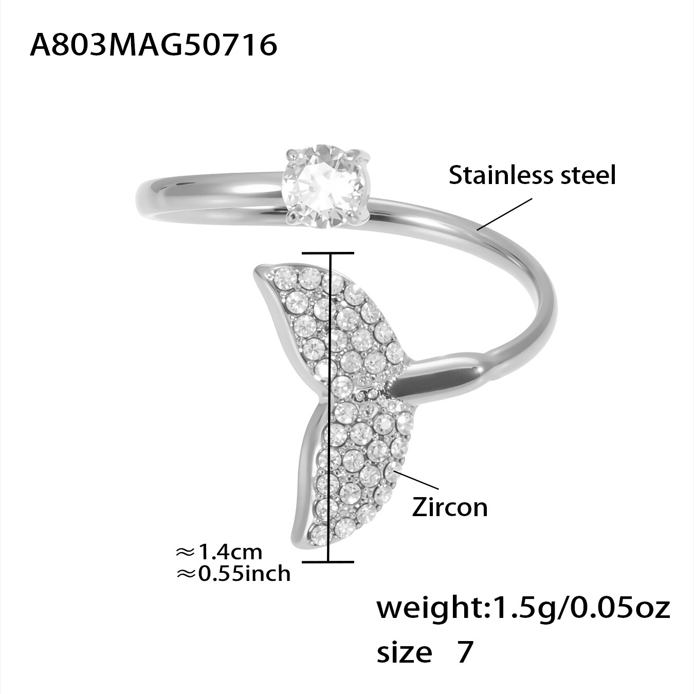 A803-steel color 5a zircon fish tail ring-no. 7 No