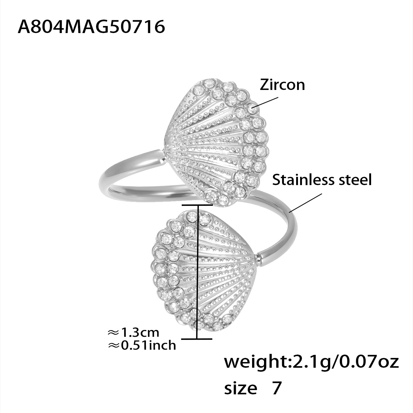 A804-steel color 5a zircon double shell ring-no. 7