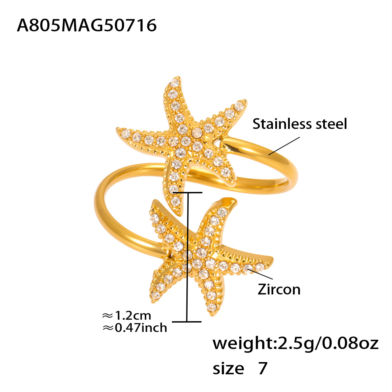 A805-gold 5a zircon double starfish ring-no. 7 No.