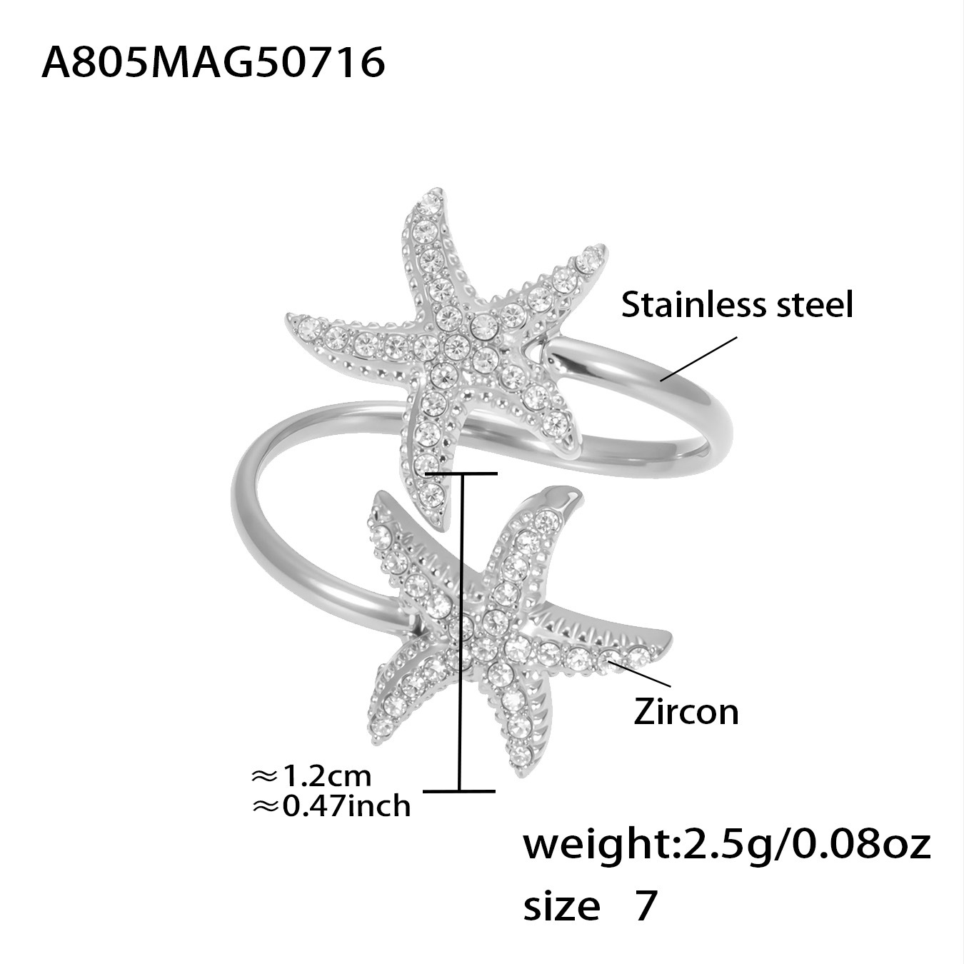 A805-steel color 5a zircon double starfish ring-no