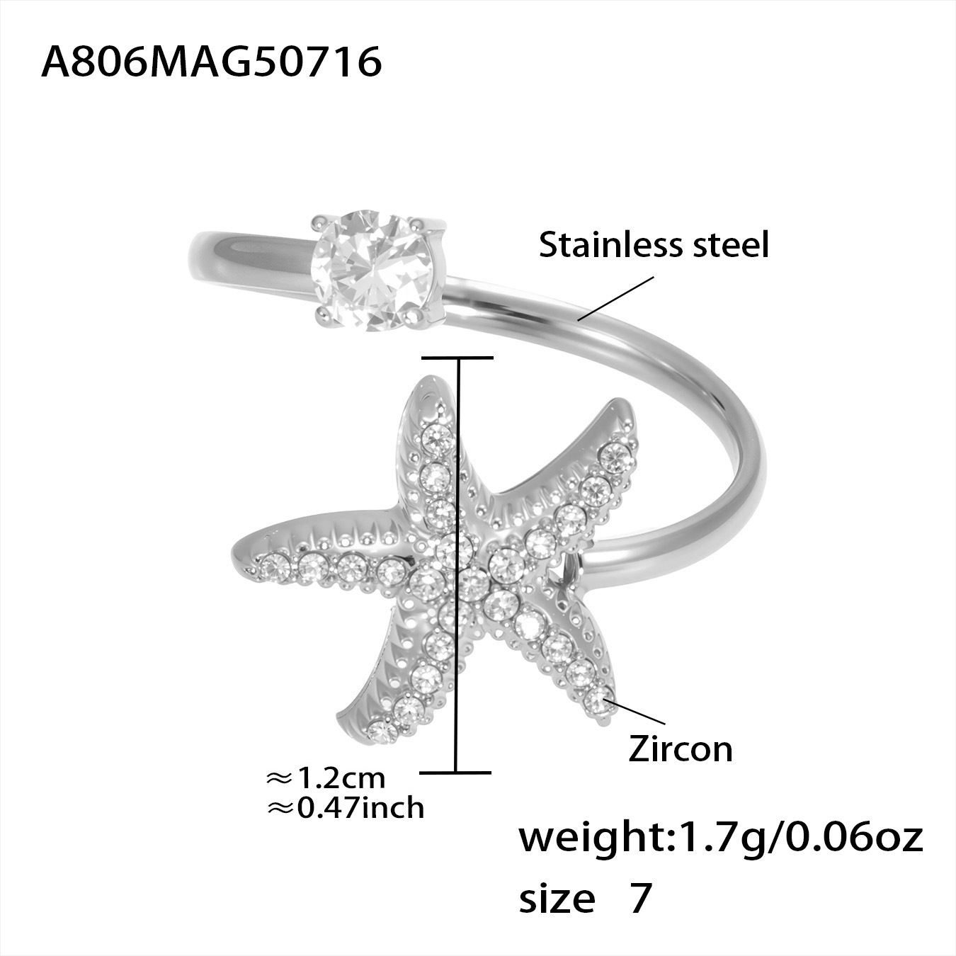 8:A806-steel color 5a zircon starfish ring-no. 7