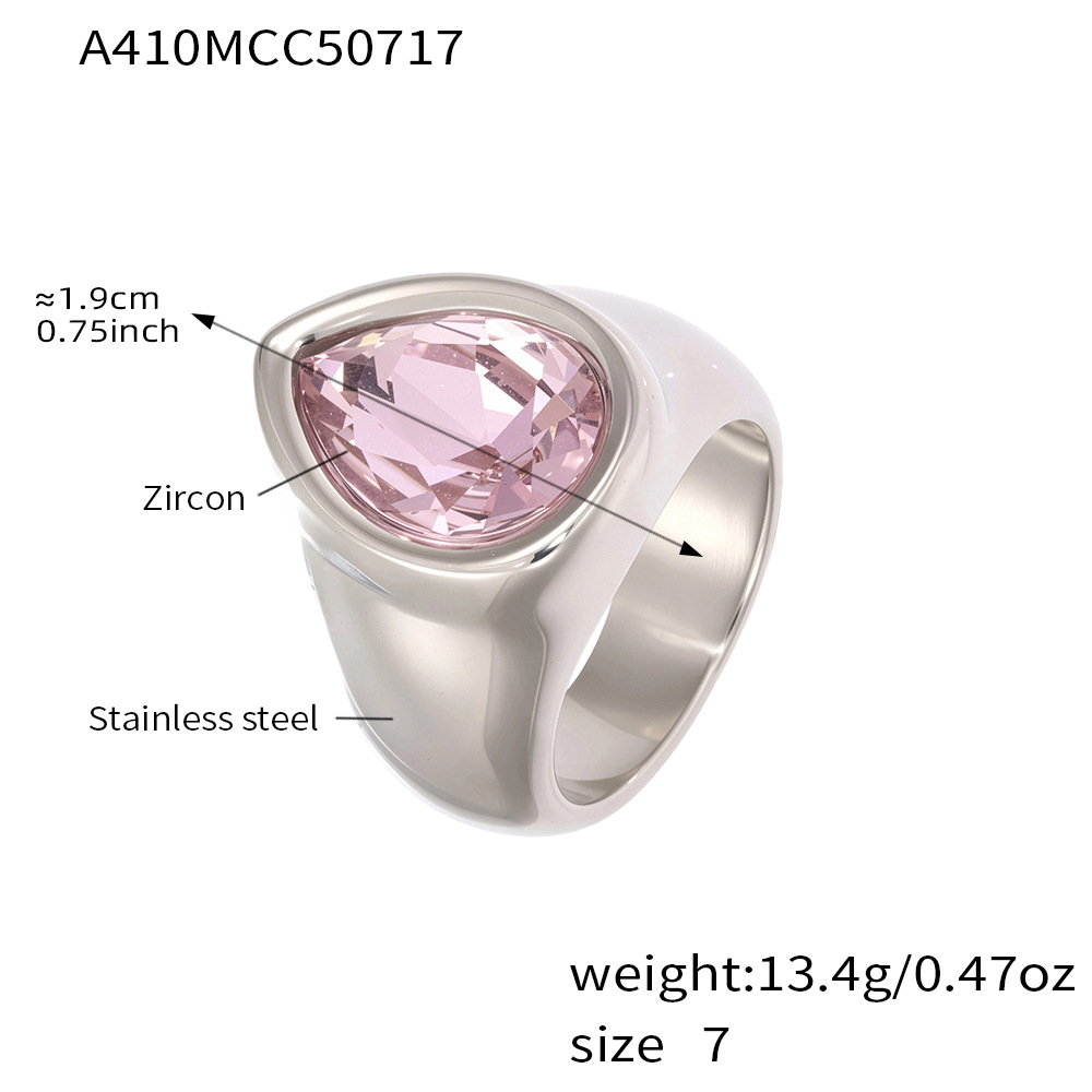 A410-steel color pink zircon water drop ring US Si