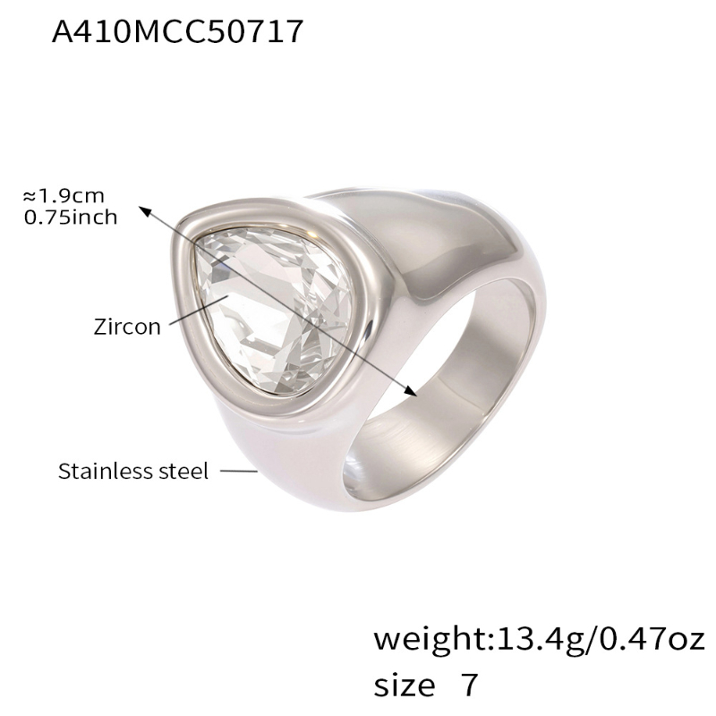 2:A410-steel color white zircon water drop ring