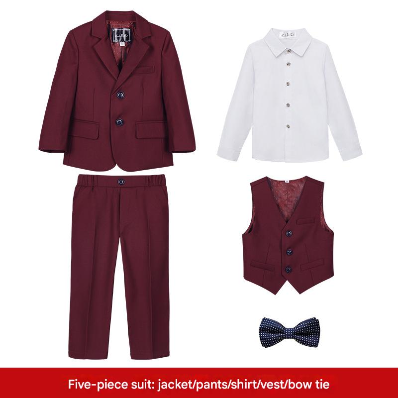 Wine Red 5-piece set (shirt   Coat   vest   trousers   bow tie)