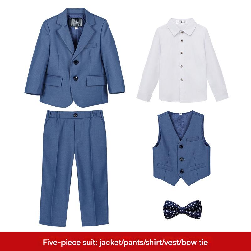 Blue and Gray 5-piece suit (shirt   Coat   vest   trousers   bow tie)