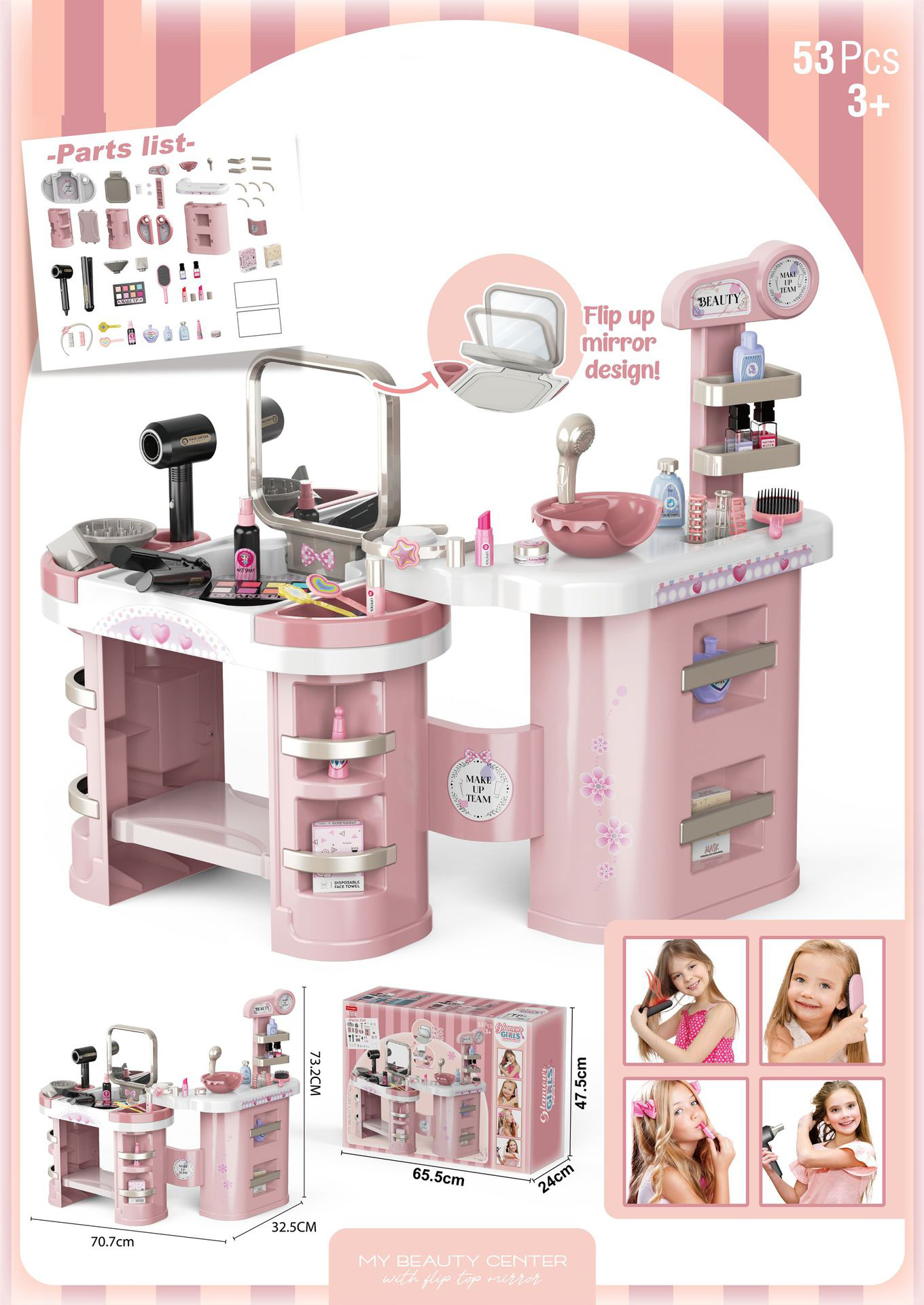 Gt07a-pink 53pcs hairdressing table (hair straightener with light and sound 2 aaa not included: electric hair dryer 3 aaa not included - 4kg)