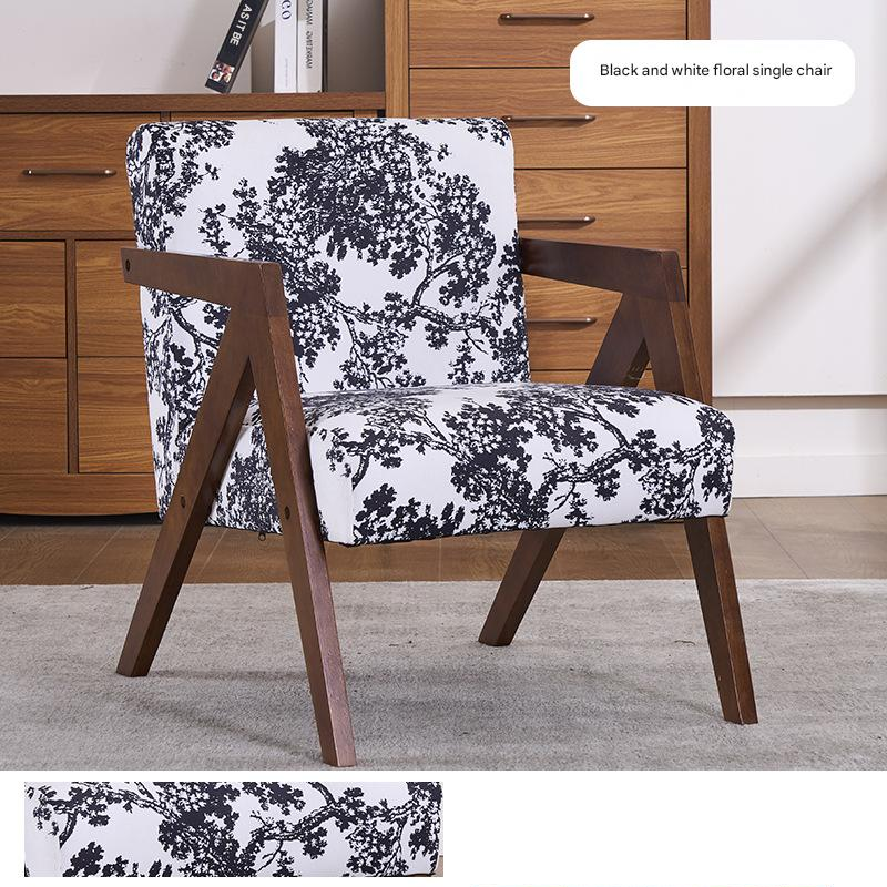 Single chair black and white floral cotton and linen [walnut colored feet]